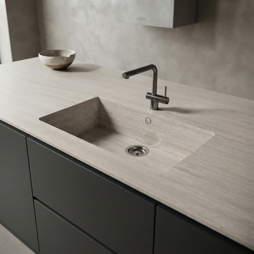 Dekton Trevi worktop with integrated sink and tap in a kitchen