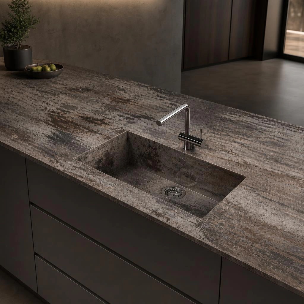 Dekton Trilium countertop with integrated sink and faucet in a kitchen