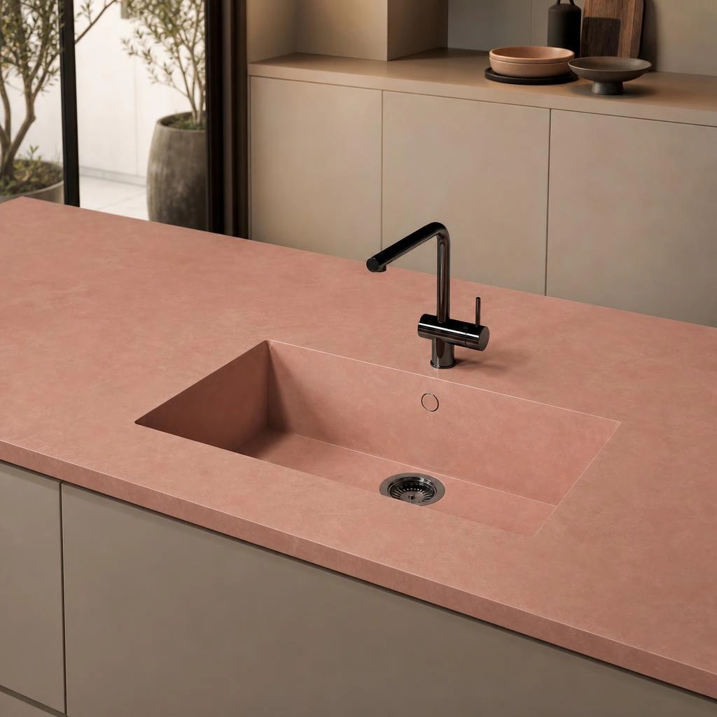 Dekton Sa Caleta countertop in Umber with integrated sink and black tap