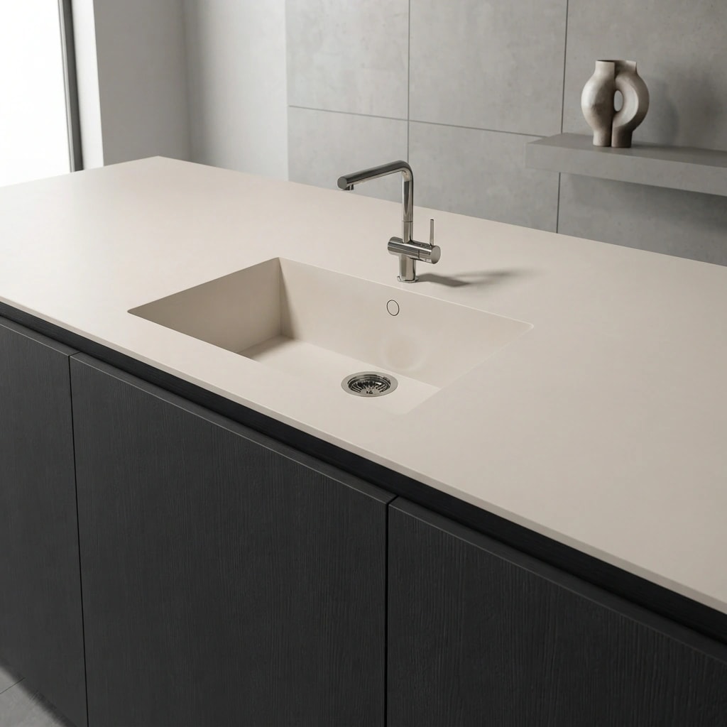 Dekton Zenith countertop in a light colour with an integrated sink and single-lever tap