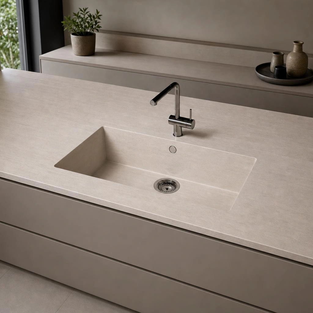 Dekton Zira countertop with integrated sink and chrome faucet
