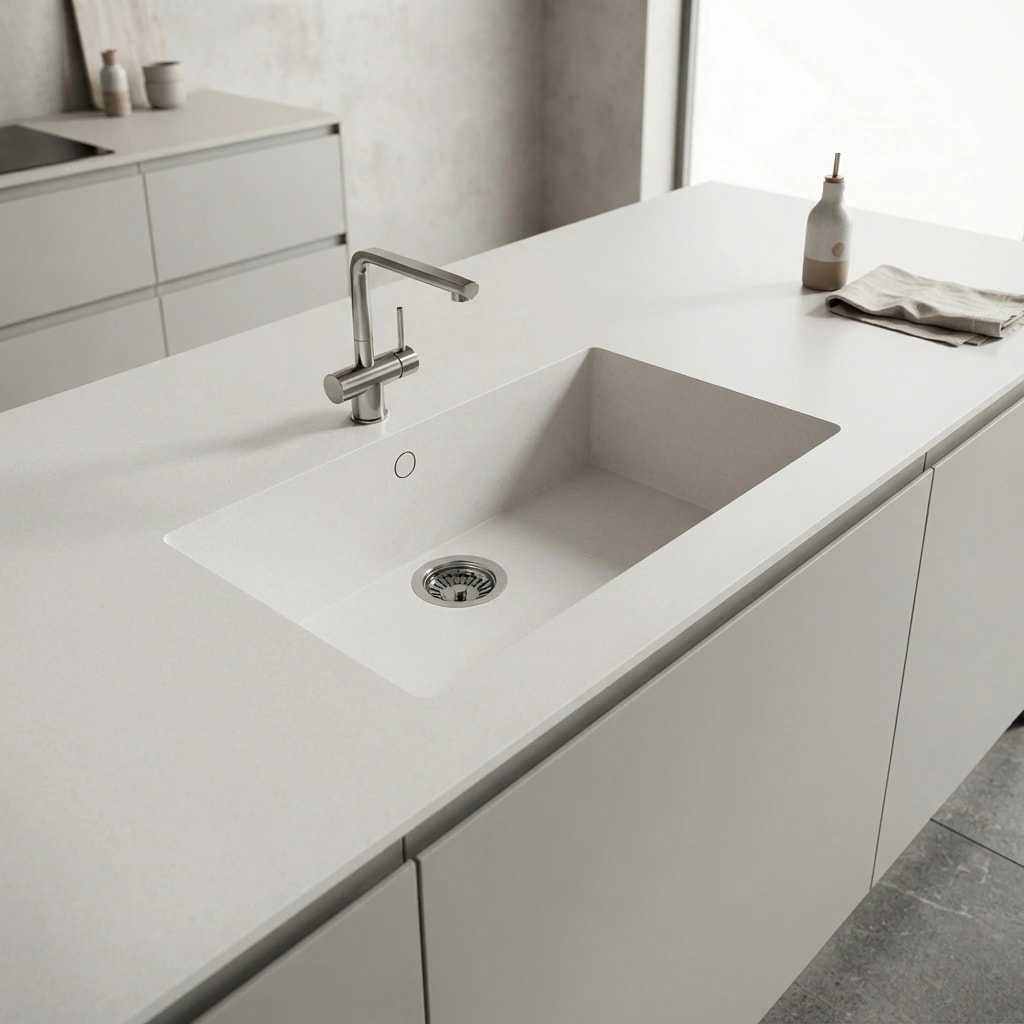 White Silestone Sa Caleta Blanco Norte14 worktop with integrated sink and metal tap