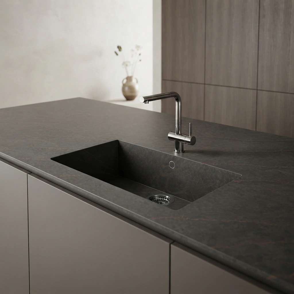 Silestone Bohemian Flame worktop with integrated sink and tap