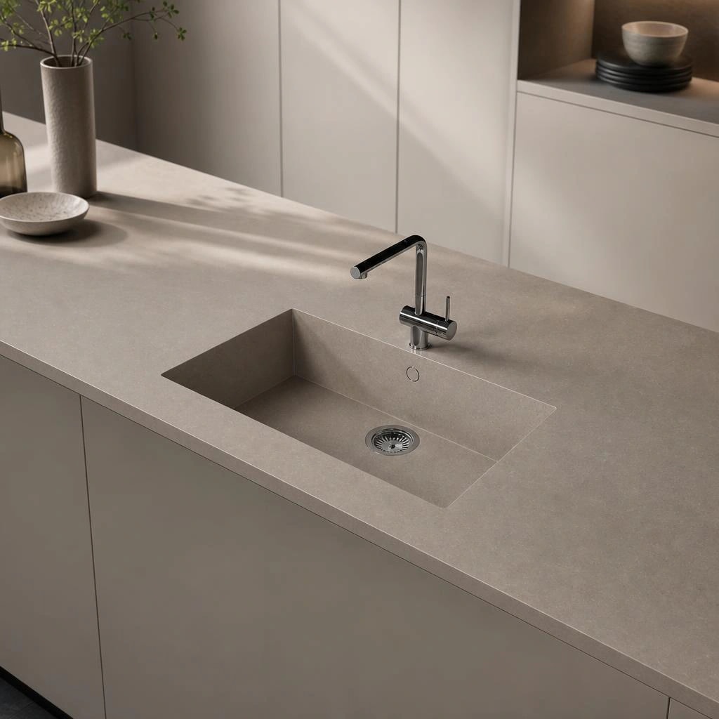 Silestone Brass Relish countertop with integrated sink and chrome faucet