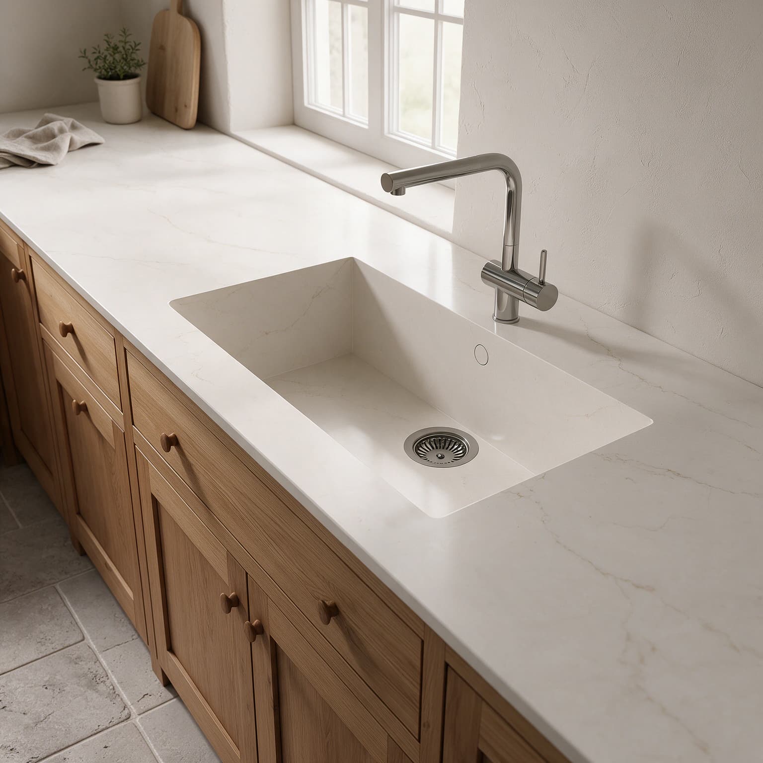Sa Caleta sink integrated into a Silestone Calacatta Tova kitchen countertop.