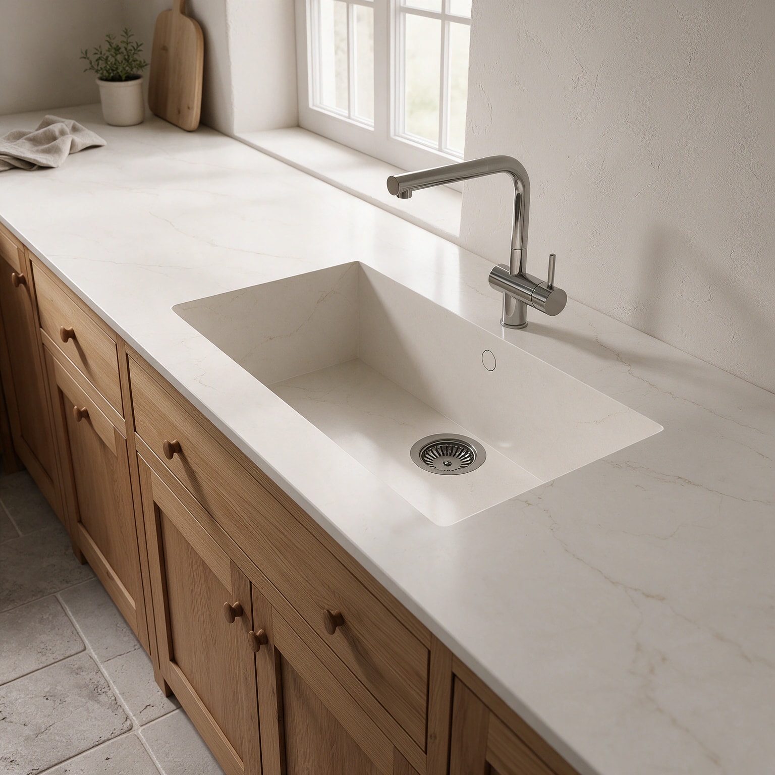 Sa Caleta sink integrated into a Silestone Calacatta Tova kitchen countertop.