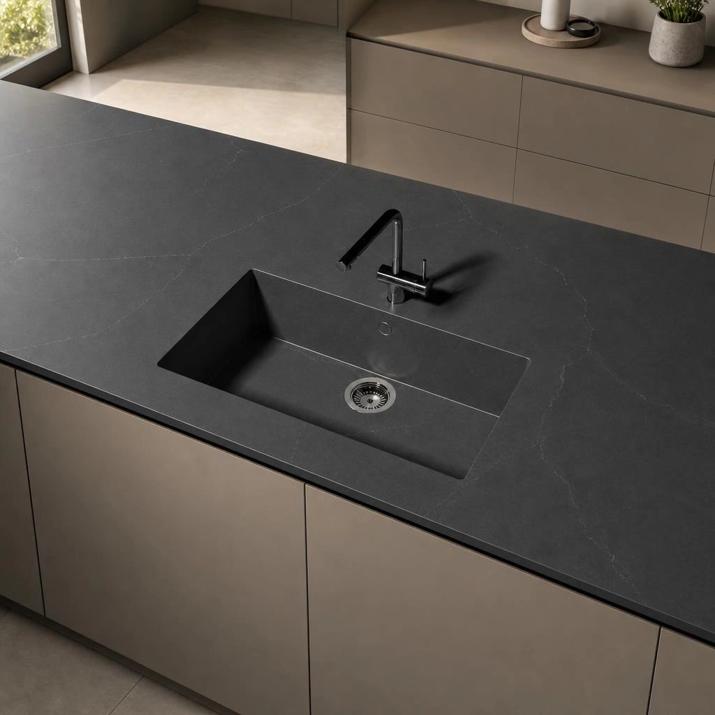Küchenarbeitsplatte Silestone Sa Caleta in Charcoal Soapstone mit integriertem Spülbecken und schwarzer Armatur