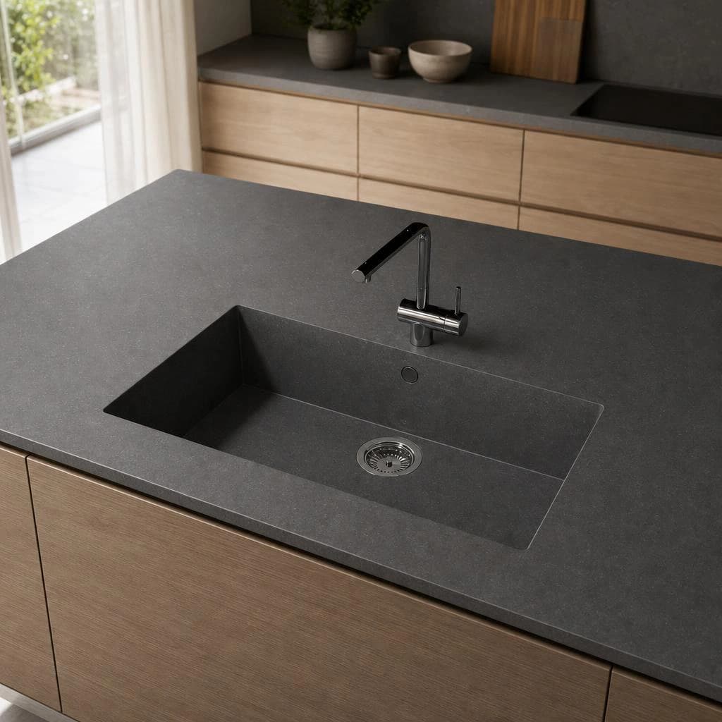Silestone Cinder Craze Arbeitsplatte auf einer Kücheninsel mit integriertem Spülbecken und schwarzer Armatur