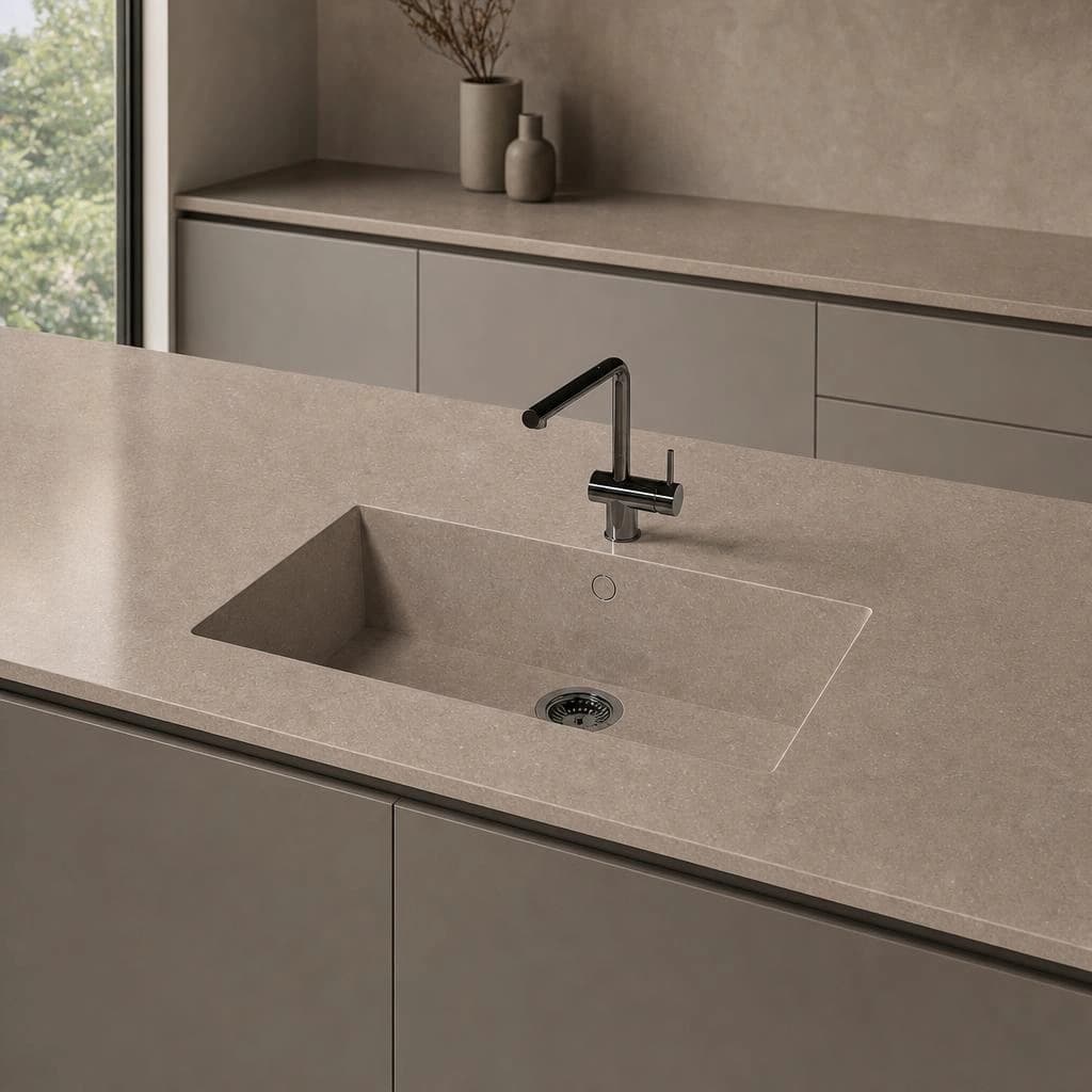 Silestone Sa Caleta countertop in Coral Clay Colour with integrated sink and black tap