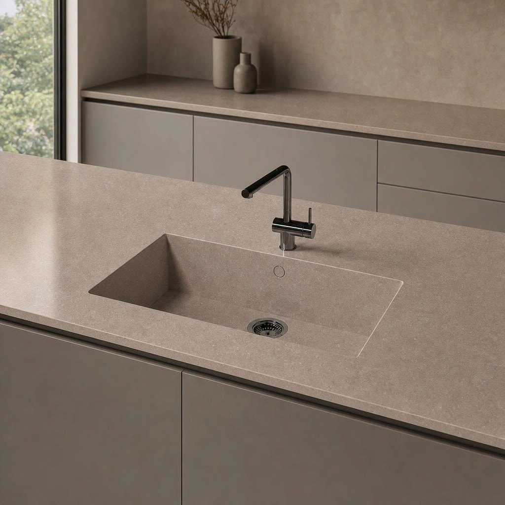 Silestone Sa Caleta countertop in Coral Clay Colour with integrated sink and black tap