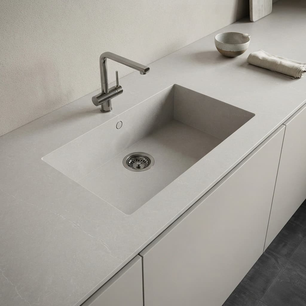 Silestone Desert Silver countertop with integrated sink and metal faucet