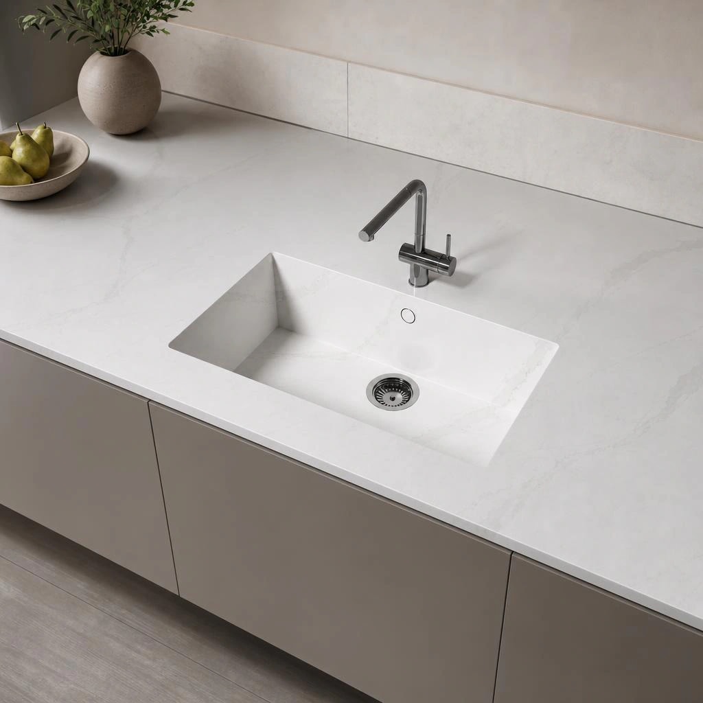 White Silestone Et Calacatta Gold countertop with integrated sink and chrome tap
