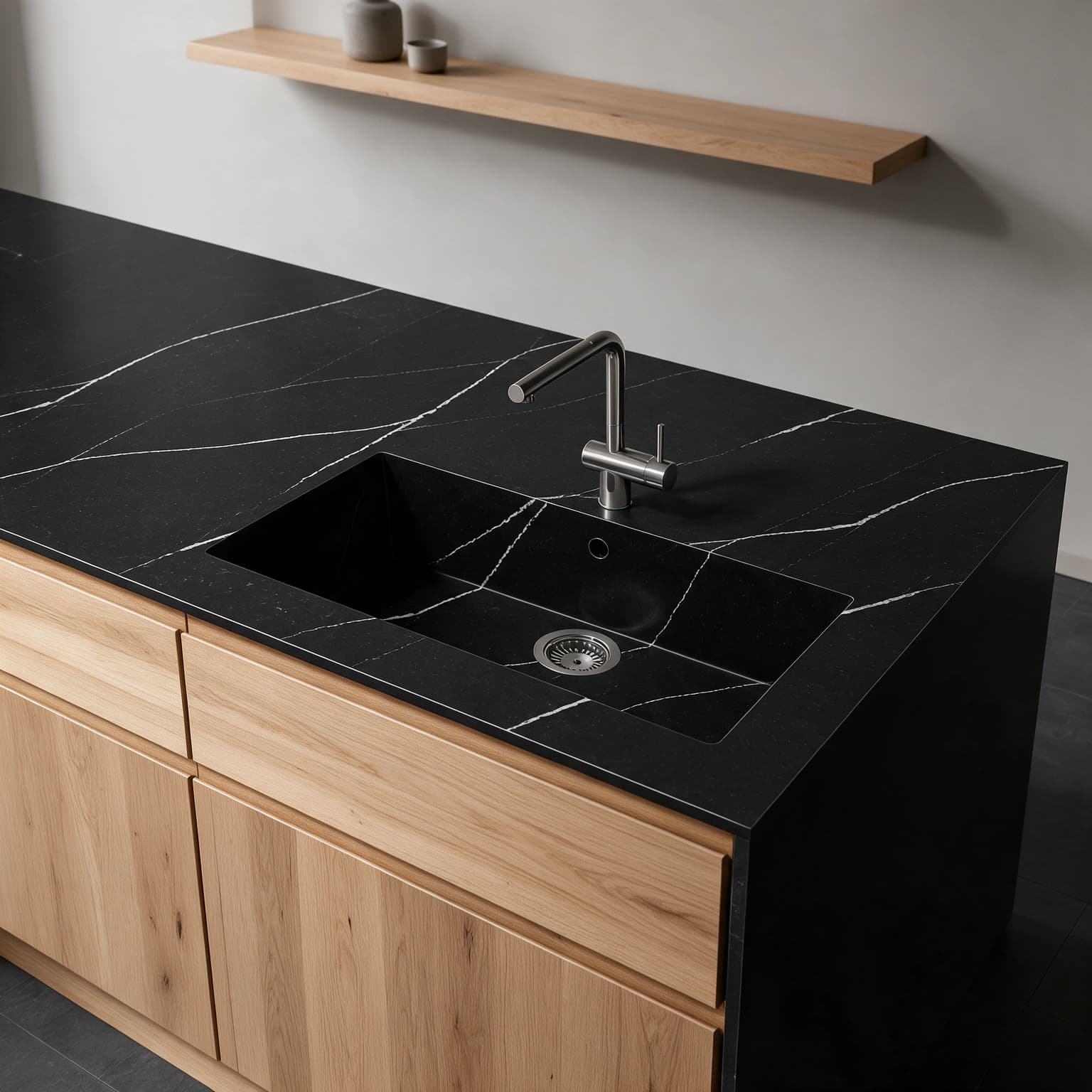 Sa Caleta sink integrated into a Silestone Et Marquina kitchen countertop.