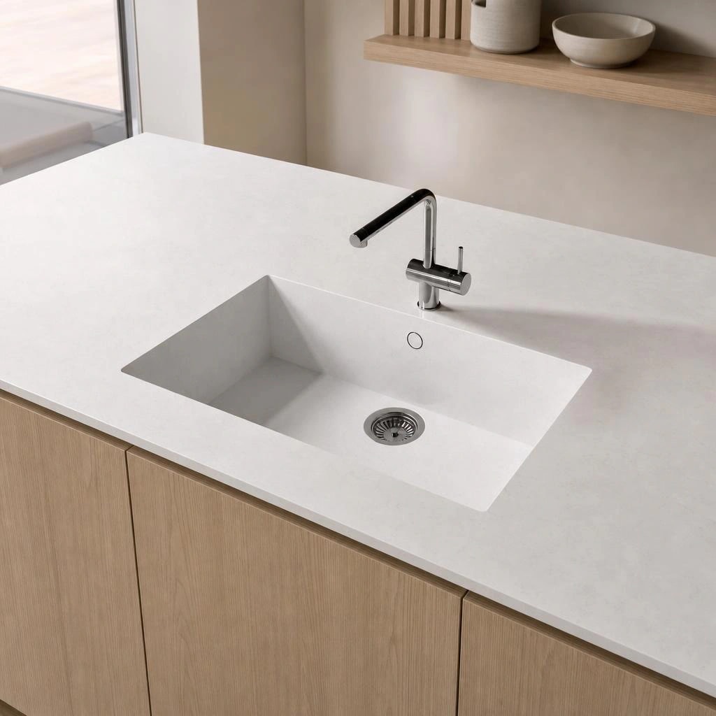 White Silestone Et Statuario countertop with integrated sink and chrome tap