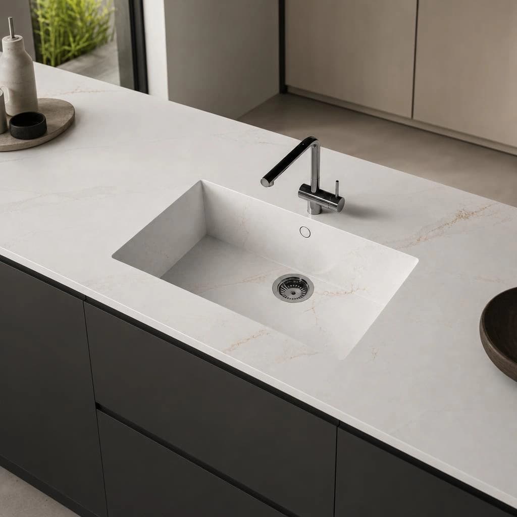 White Silestone Ethereal Glow worktop with integrated sink and chrome tap