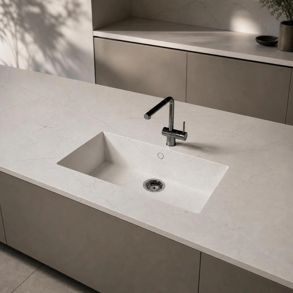 Silestone Ethereal Noctis worktop with integrated sink and black tap