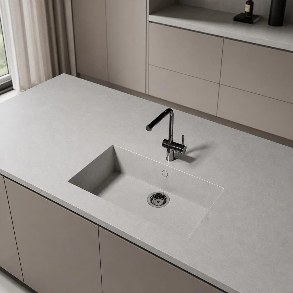 Silestone Sa Caleta Ffrom01 countertop with integrated sink and black faucet