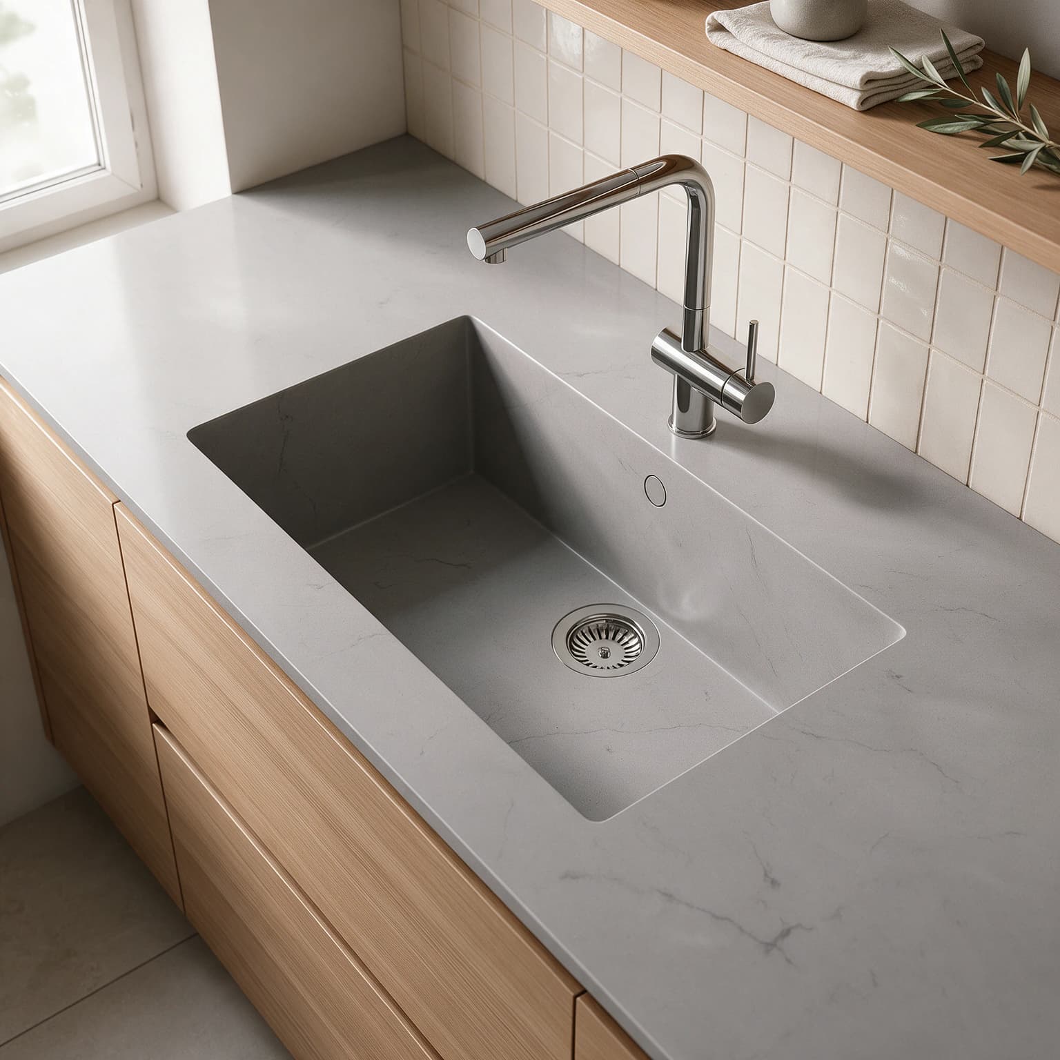 Sa Caleta sink integrated into a Silestone Gris Expo kitchen countertop.