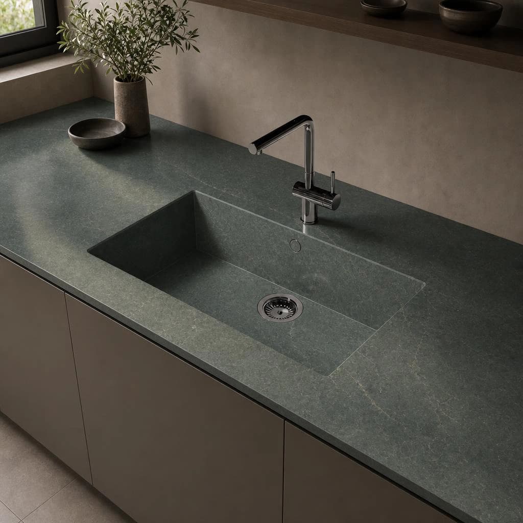 Silestone Jardin Emerald Arbeitsplatte mit integriertem Spülbecken und Chromarmatur