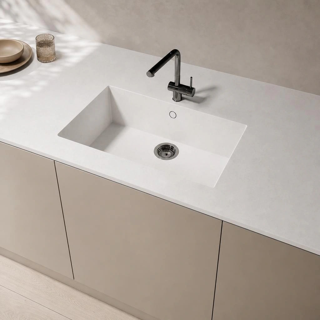 Silestone Sa Caleta countertop in Lagoon with integrated sink and black faucet