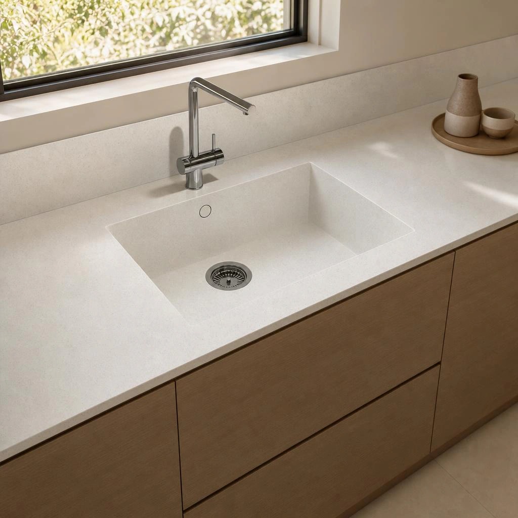 White Silestone Lime Delight worktop with integrated sink and chrome tap