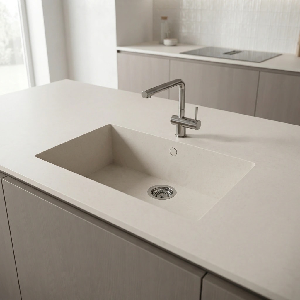 Silestone Sa Caleta kitchen countertop in Linen Cream with integrated sink and chrome faucet