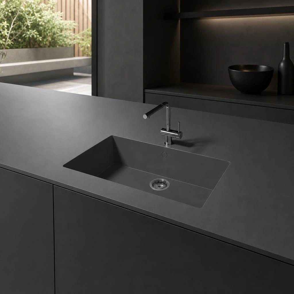 Marengo grey Silestone countertop with integrated sink and chrome tap