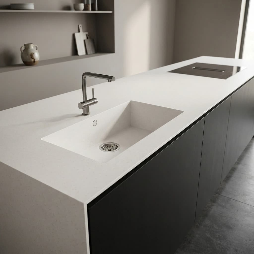 Weiße Silestone Miami Vena Arbeitsplatte mit integriertem Spülbecken, Armatur und Kochfeld