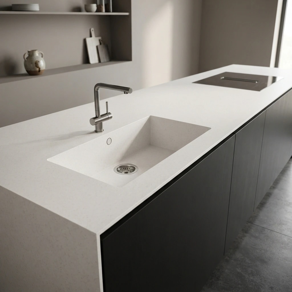White Silestone Miami Vena countertop with integrated sink, faucet and cooktop