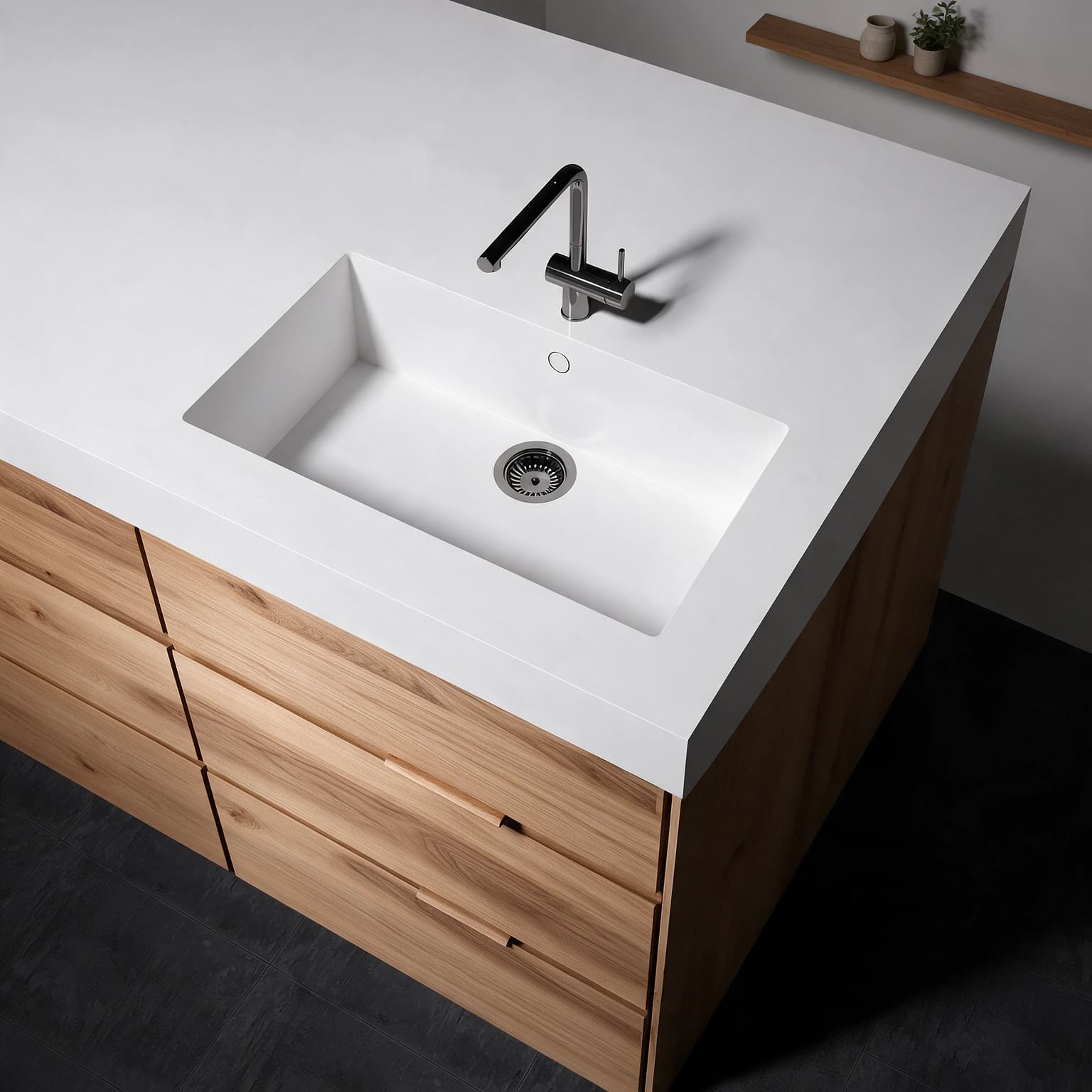 Sa Caleta sink integrated into a Silestone Miami White kitchen countertop.