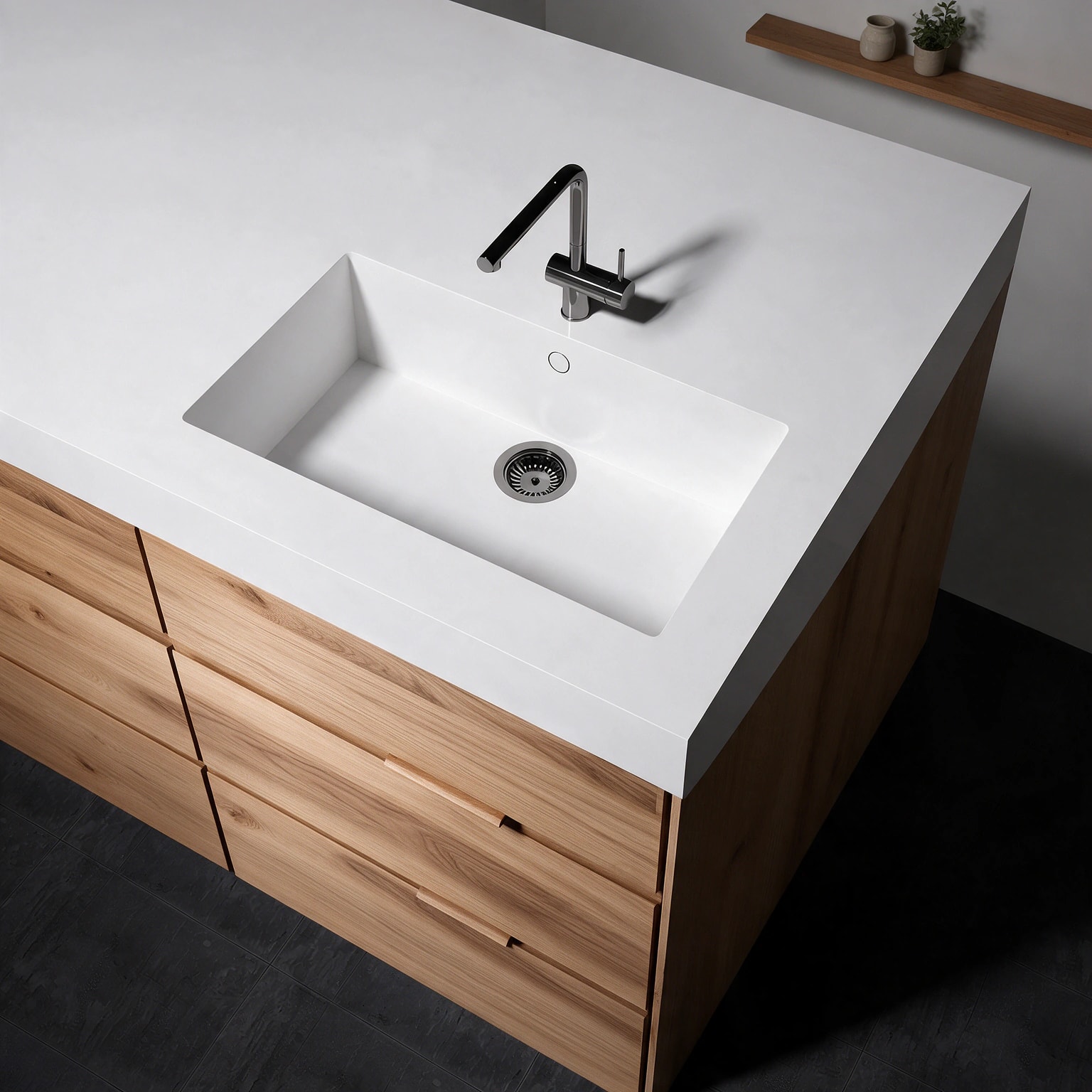Sa Caleta sink integrated into a Silestone Miami White kitchen countertop.