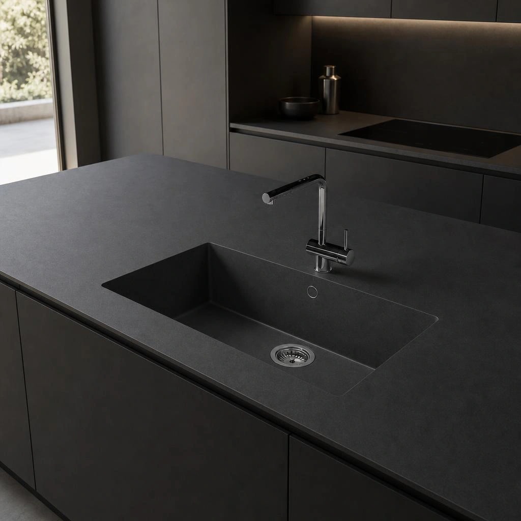 Silestone Night Tebas18 countertop on a dark kitchen island with an integrated sink and chrome tap