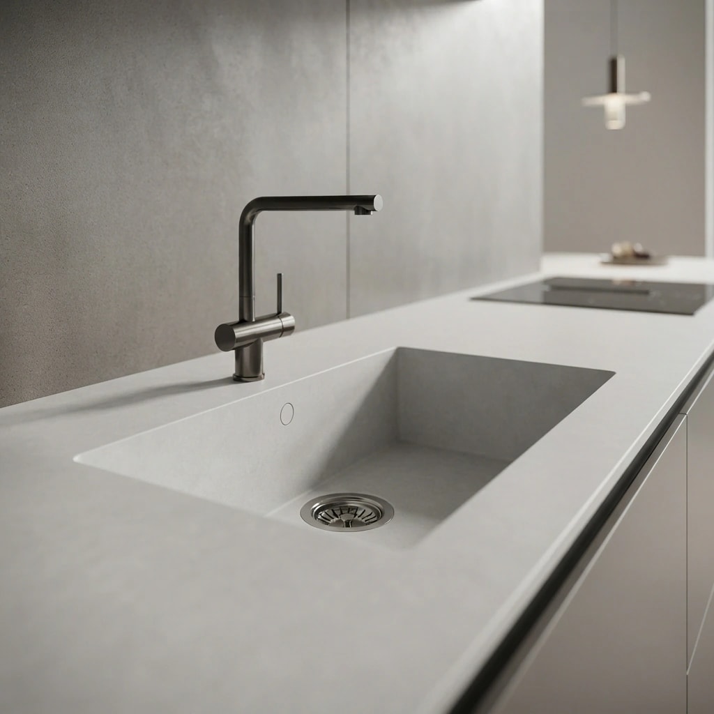 Silestone Nolita countertop with integrated sink and black faucet