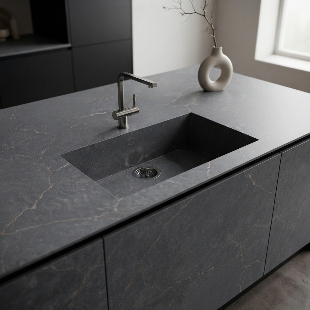 Silestone Parisien Bleu kitchen worktop with integrated sink and black tap