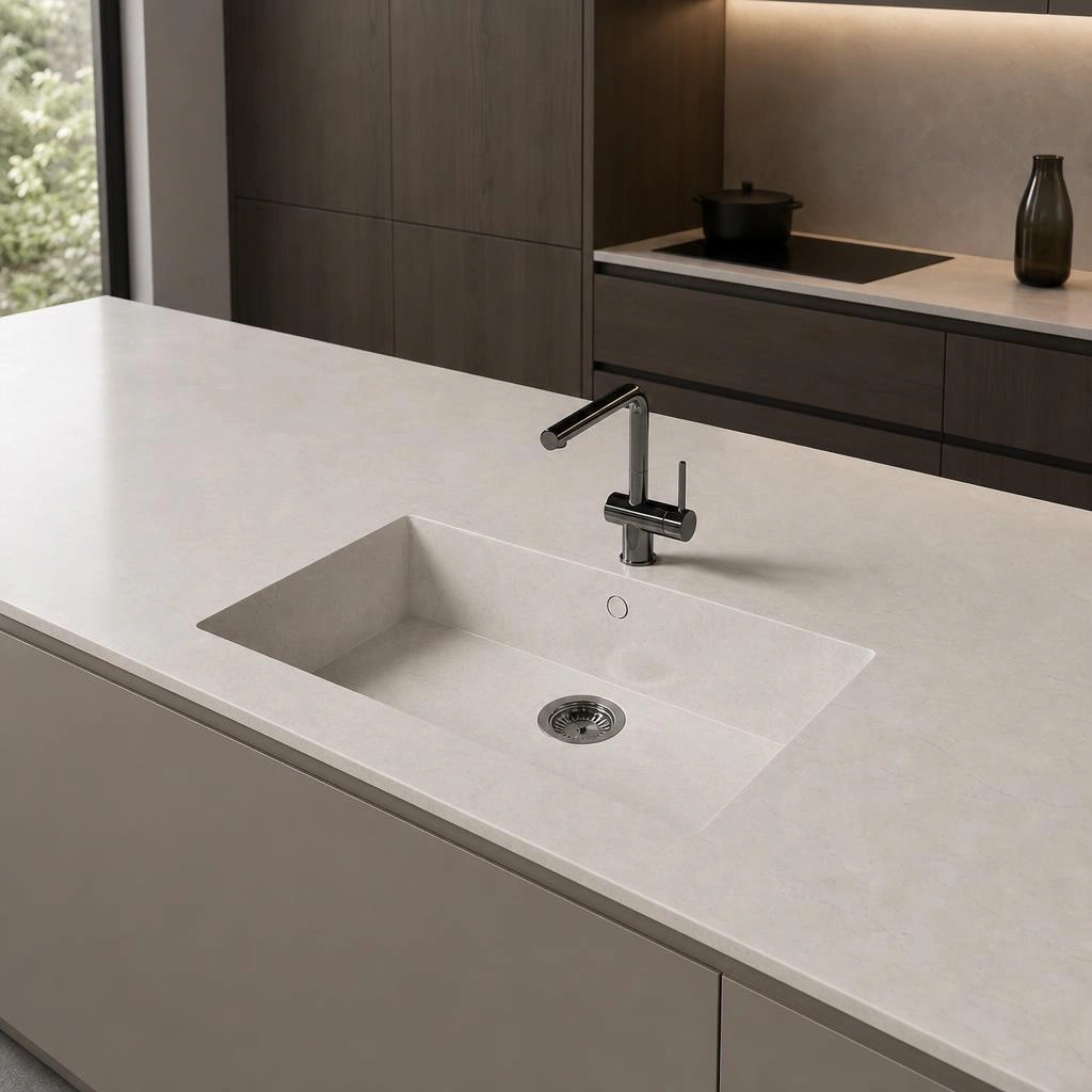 Silestone Sa Caleta kitchen worktop in Pearl Jasmine with integrated sink and chrome tap