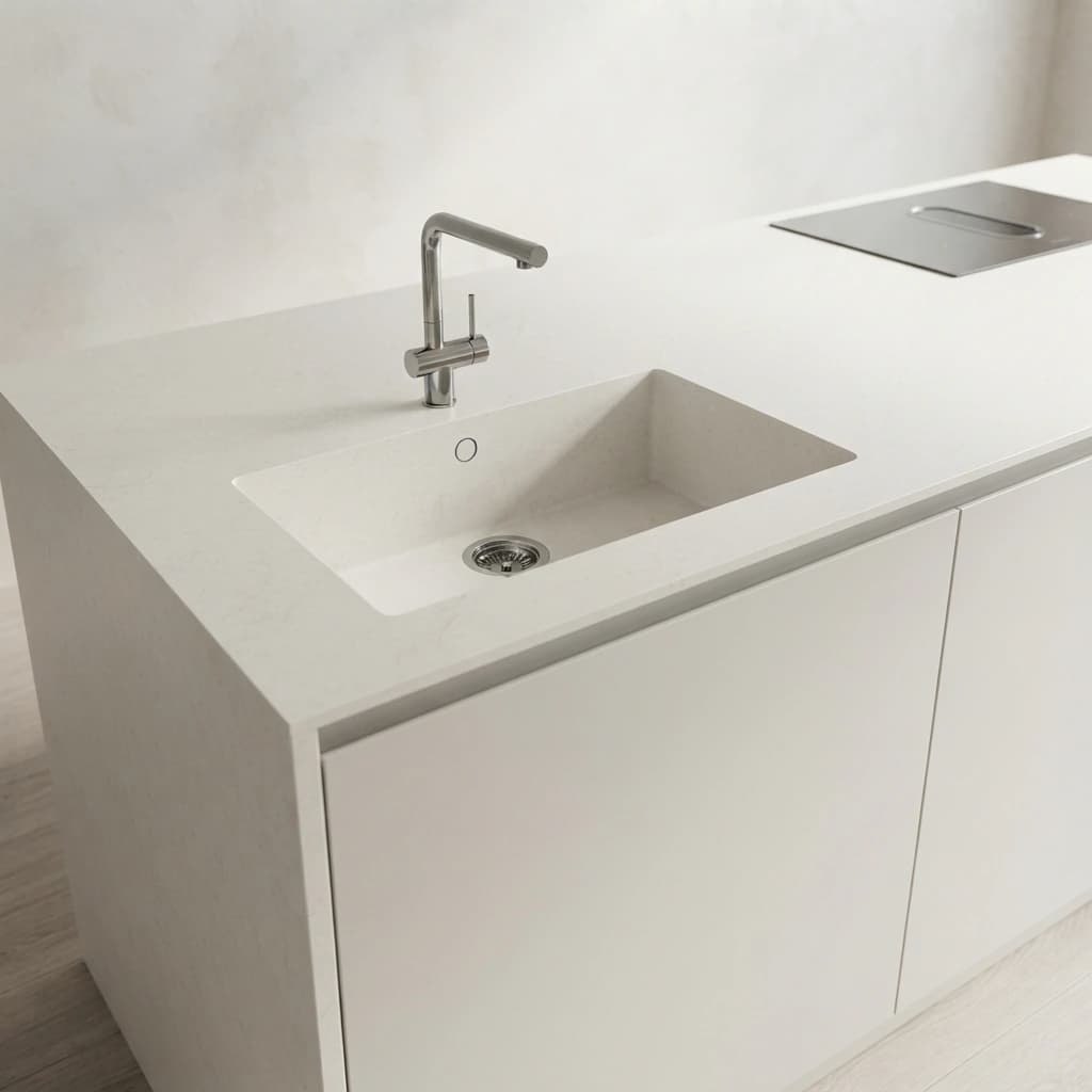 Weiße Silestone Persian White Arbeitsplatte, Modell Sa Caleta, mit integriertem Spülbecken, Armatur und Kochfeld