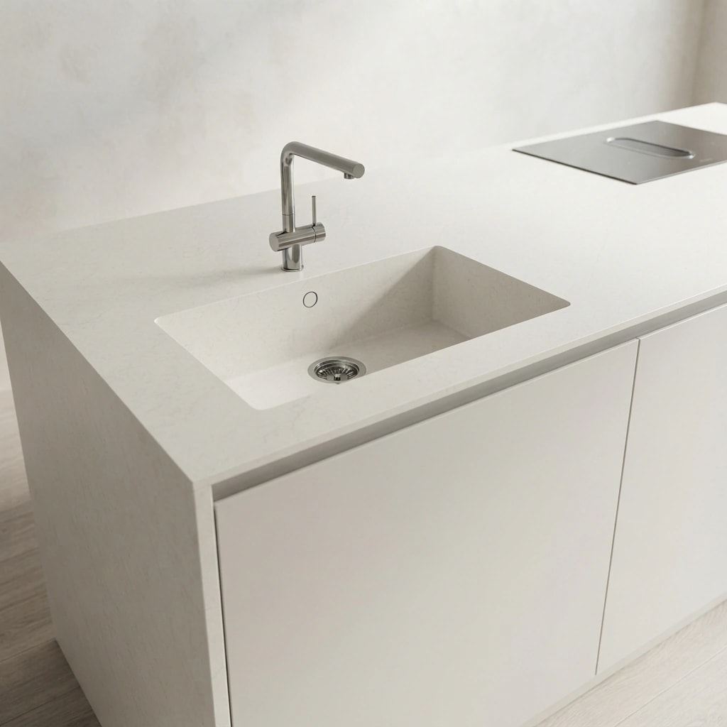White Silestone Persian White countertop, Sa Caleta model, with integrated sink, tap and hob