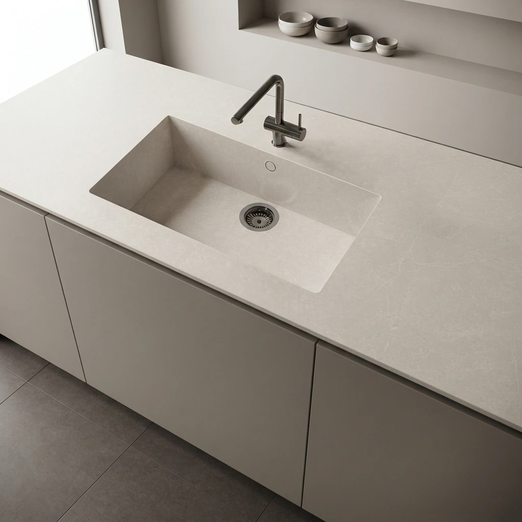 Silestone Poblenou countertop with integrated sink and tap