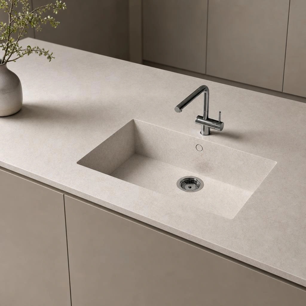 Fregadero Oasink Sa Caleta integrado en encimera Silestone Rivière Rose