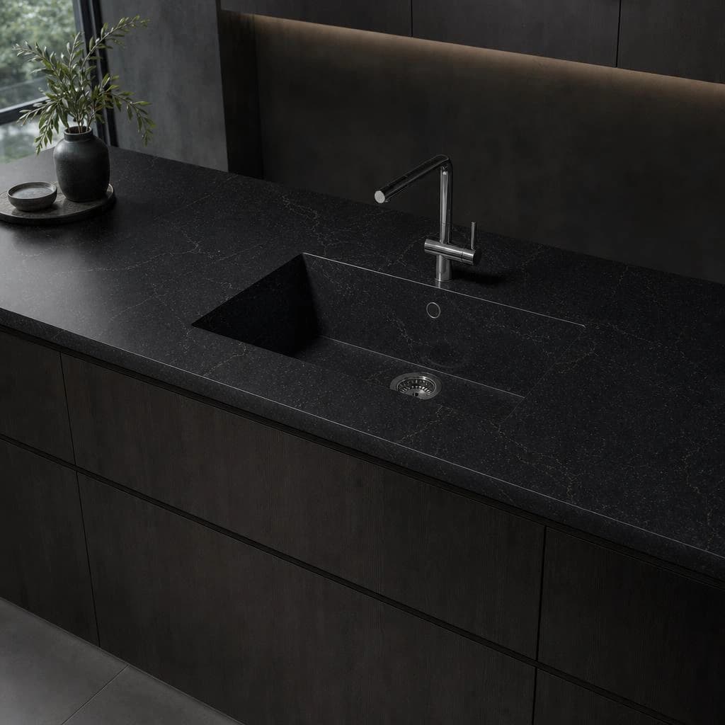 Dark Silestone Romantic Ash countertop with integrated sink and tap