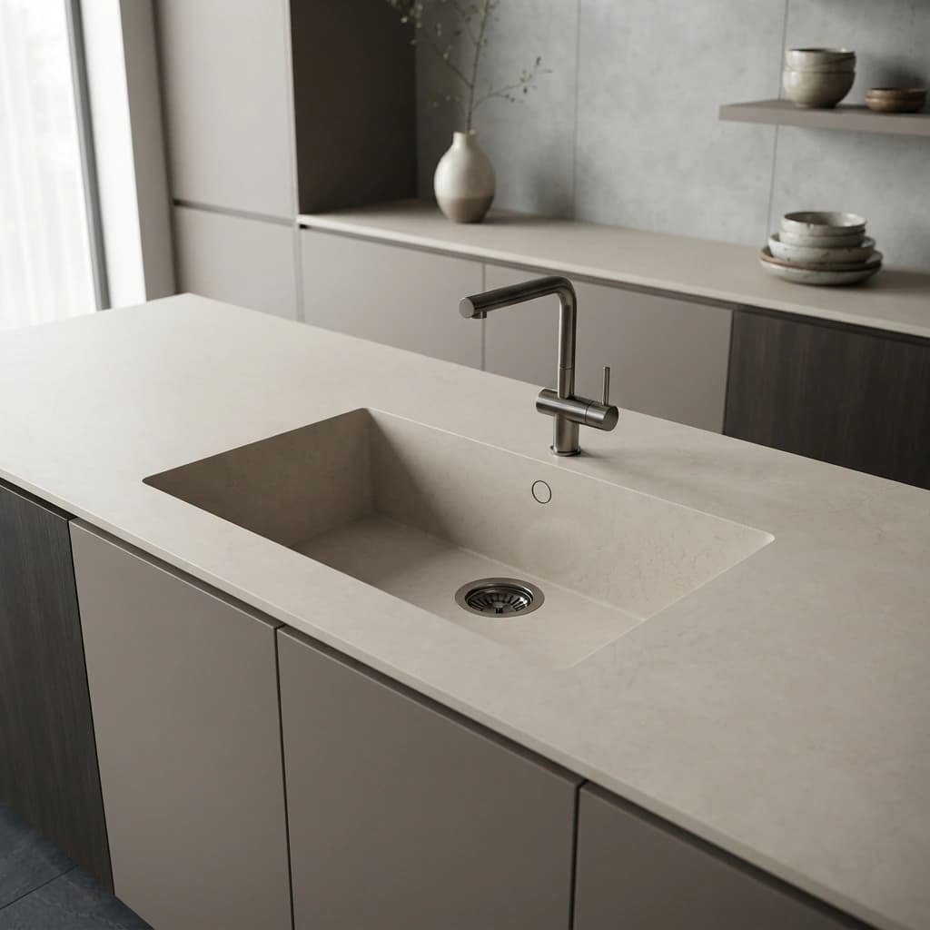 Küchenarbeitsplatte Silestone Siberian mit integriertem Spülbecken und Armatur in Metalloptik
