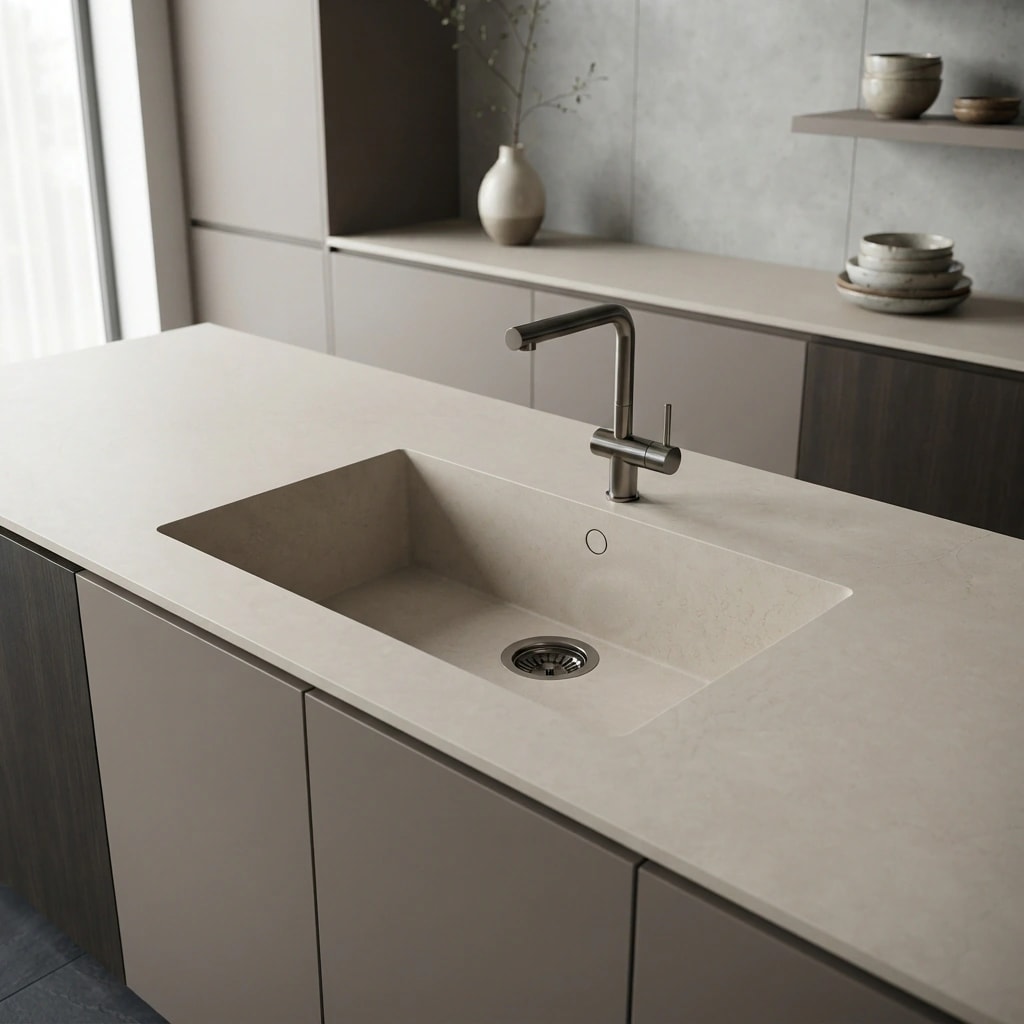 Silestone Siberian kitchen worktop with integrated sink and metal-finish tap
