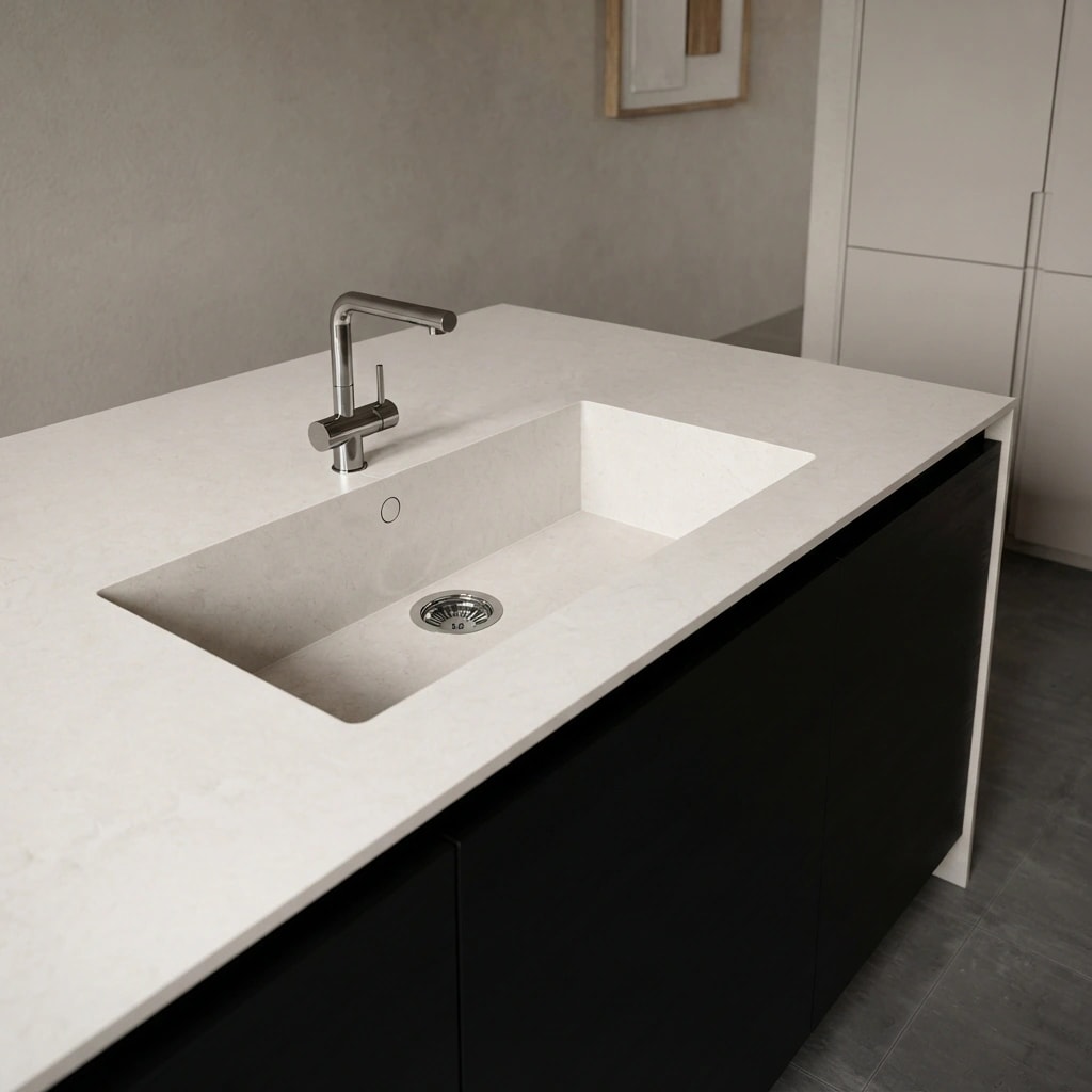 White Silestone Snowy Ibiza countertop, Sa Caleta model, with integrated sink and metal tap