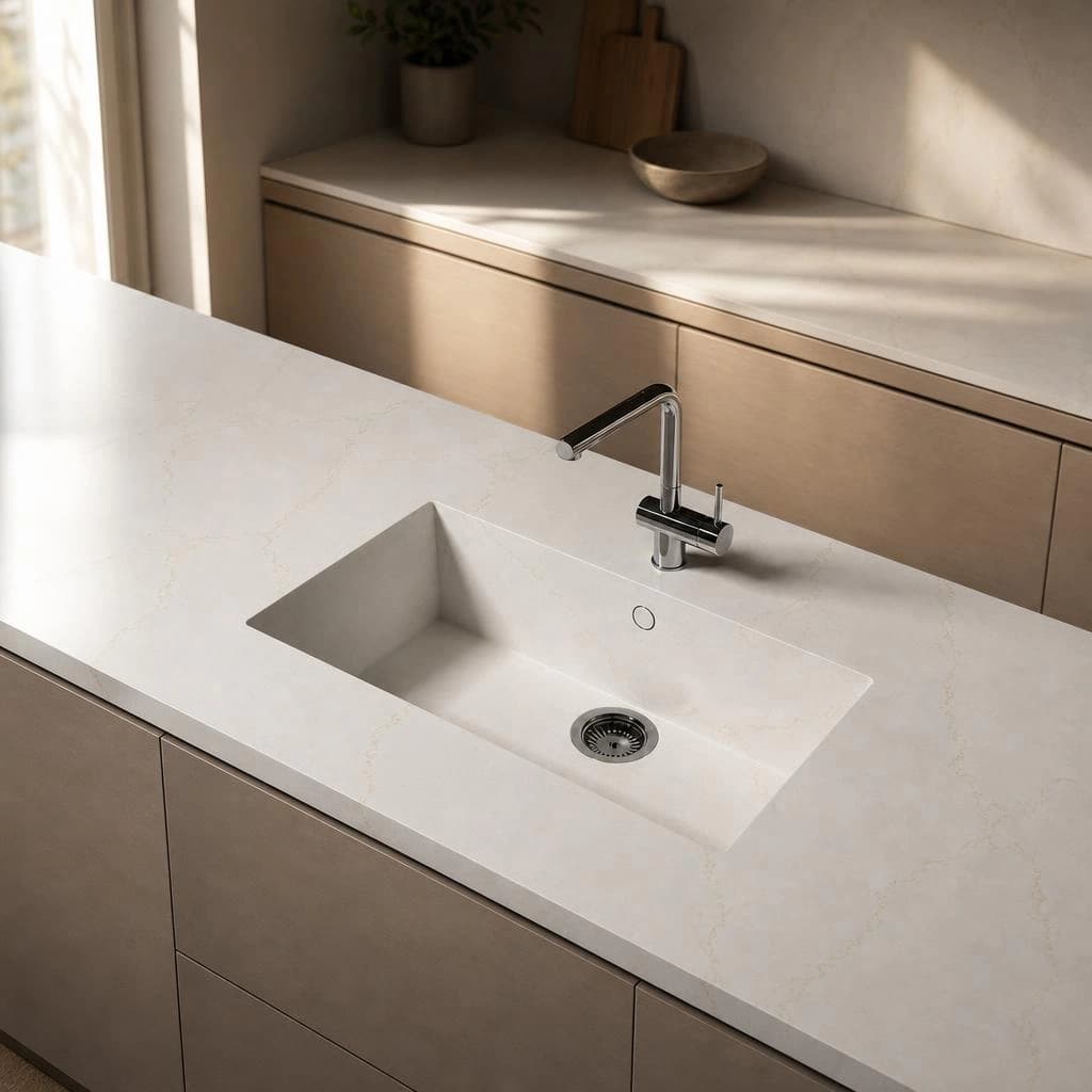 Silestone Victorian Silver countertop with integrated sink and chrome tap