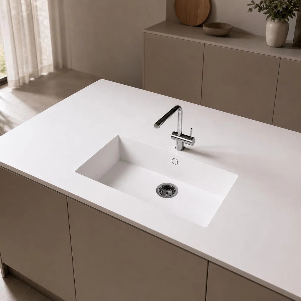 White Silestone White Storm14 countertop with integrated sink and chrome faucet