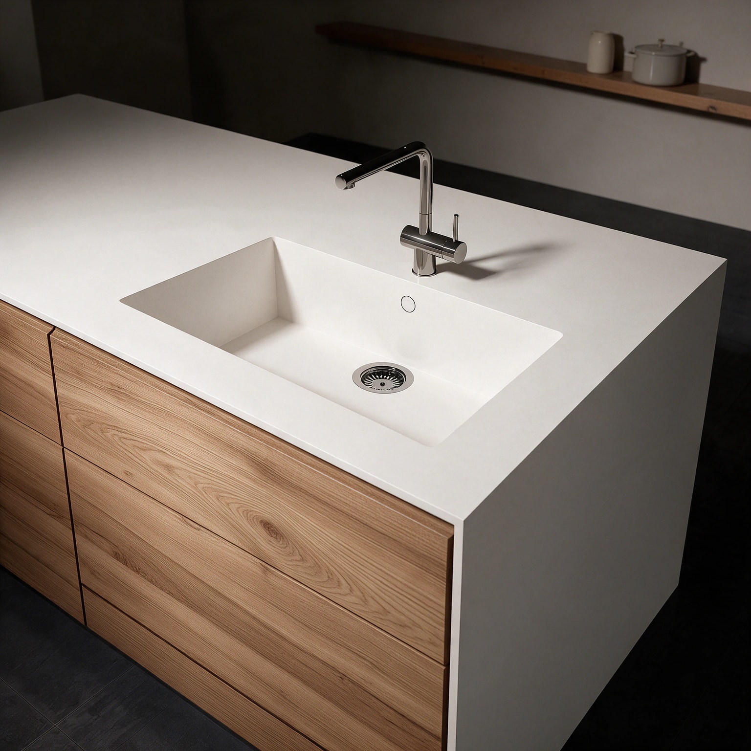 Sa Caleta sink integrated into a Silestone White Zeus kitchen countertop.