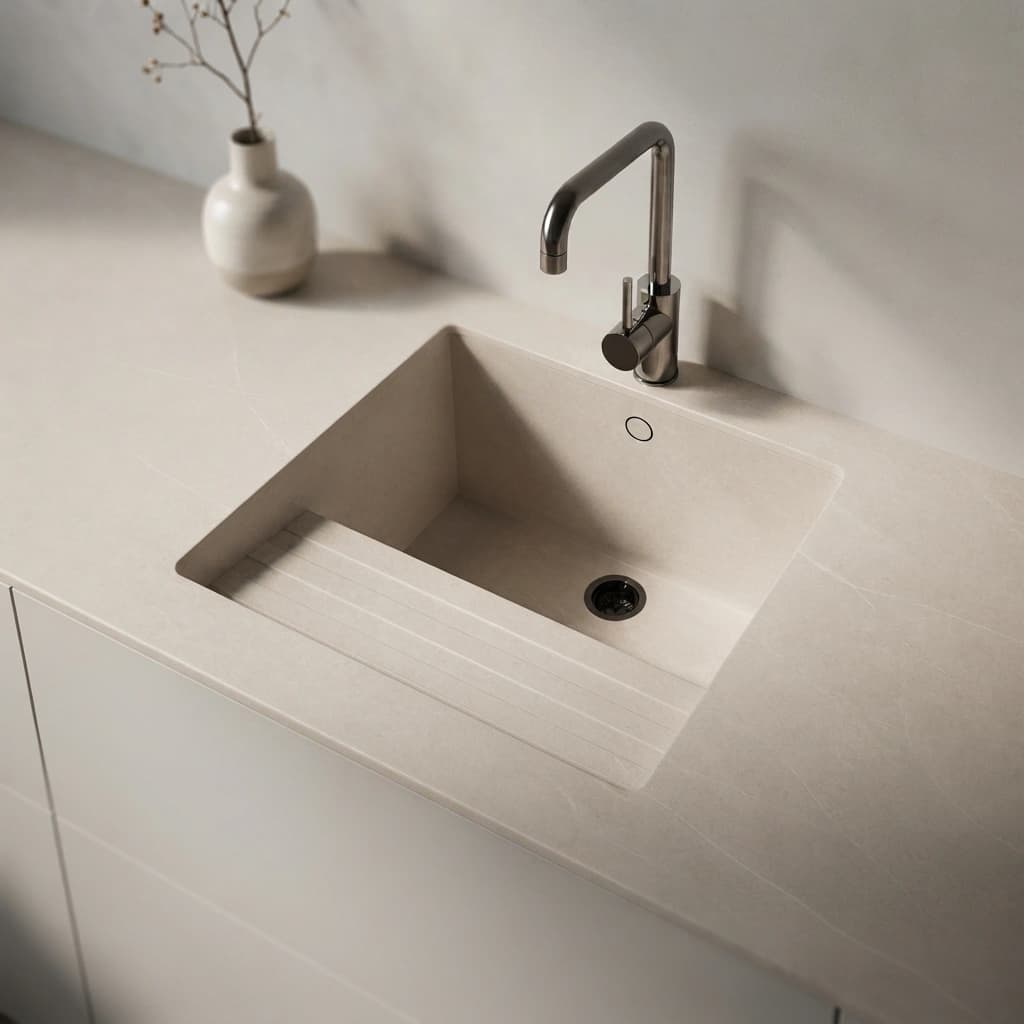 Dekton Adia countertop with integrated sink and black faucet