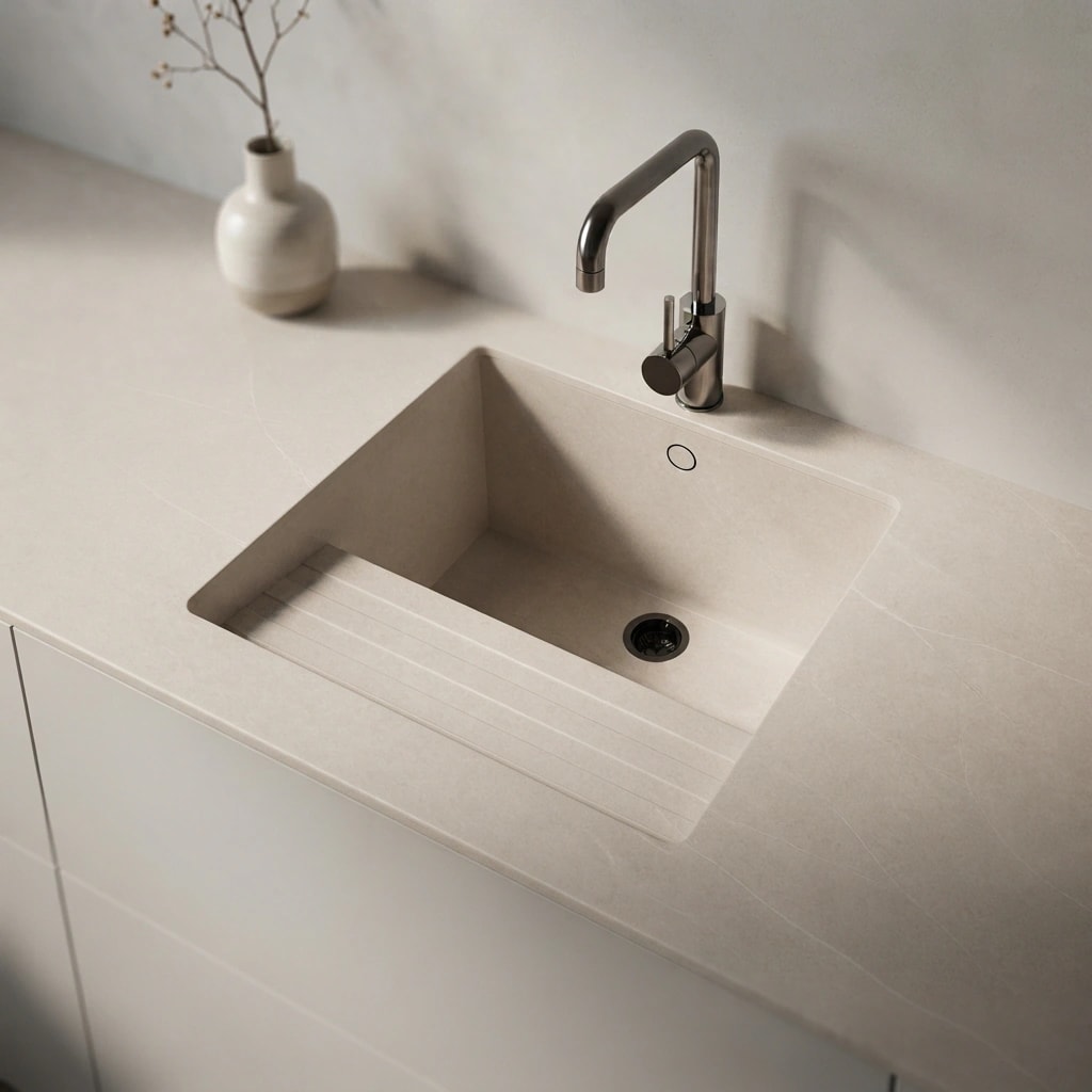 Dekton Adia countertop with integrated sink and black faucet