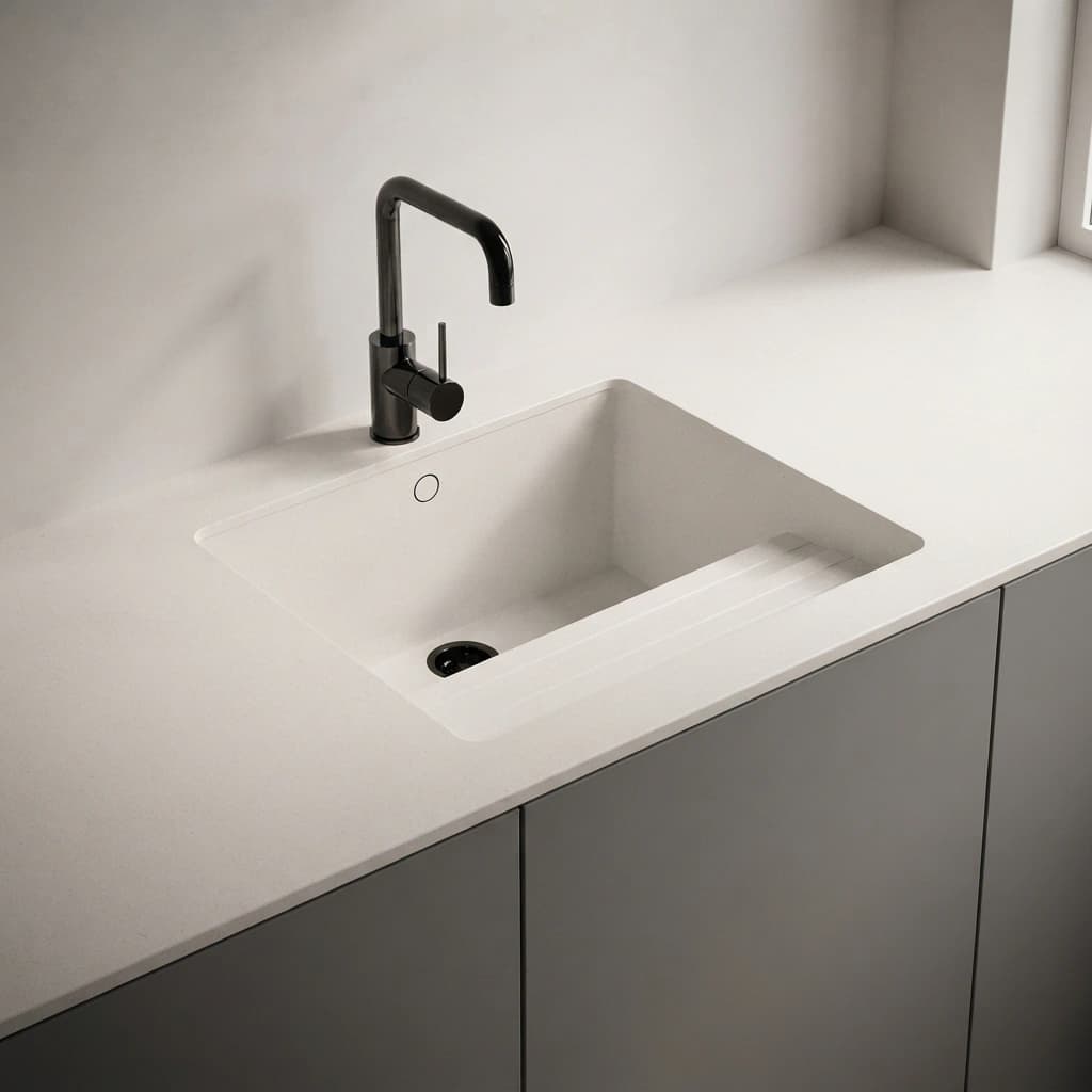 Weiße Dekton Aeris Arbeitsplatte mit integriertem Spülbecken und schwarzer Armatur
