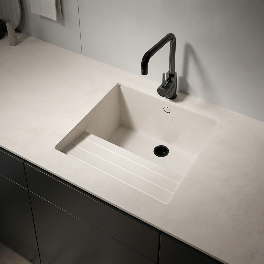 Dekton Albarium countertop with integrated sink and black faucet